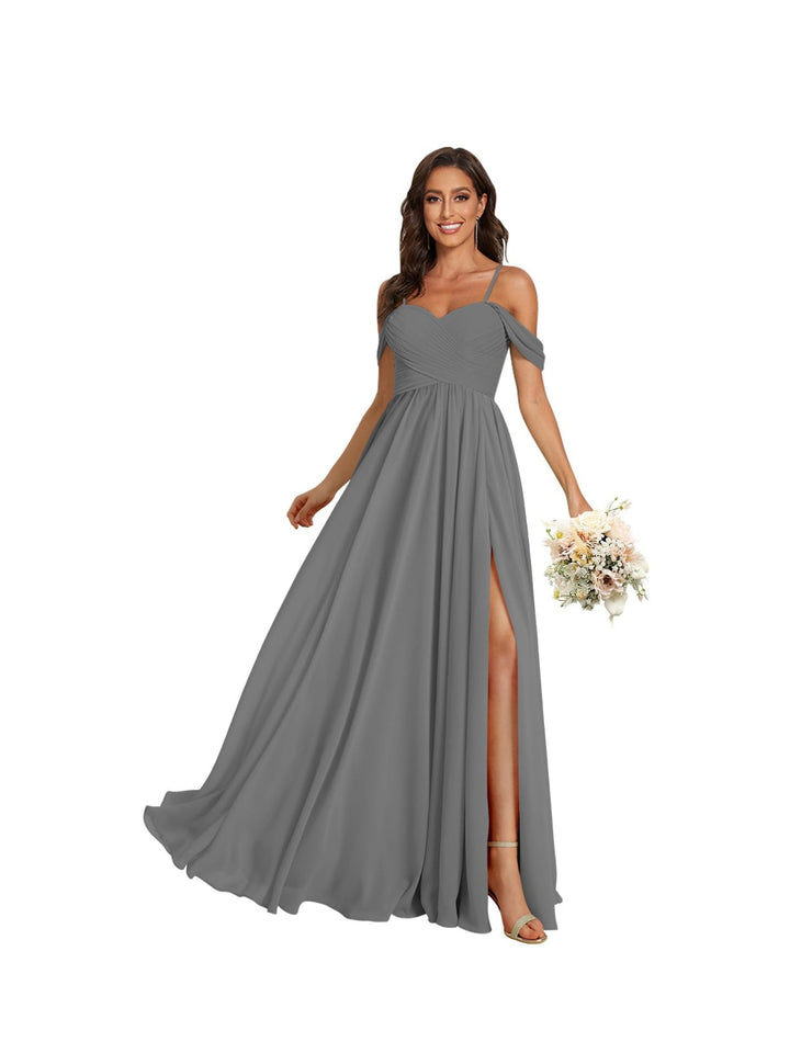 Ligne A /Princesse Off Shoulder Chérie Sans Manches Floor Length Robes de Demoiselle d'Honneur Mousseline avec Poches Slit