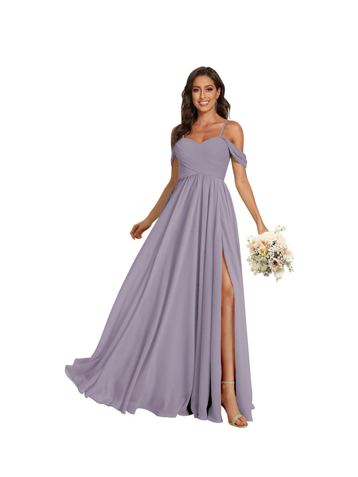 Ligne A /Princesse Off Shoulder Chérie Sans Manches Floor Length Robes de Demoiselle d'Honneur Mousseline avec Poches Slit
