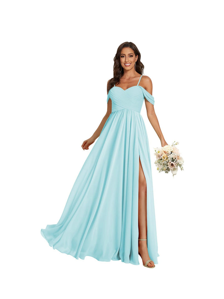 Ligne A /Princesse Off Shoulder Chérie Sans Manches Floor Length Robes de Demoiselle d'Honneur Mousseline avec Poches Slit