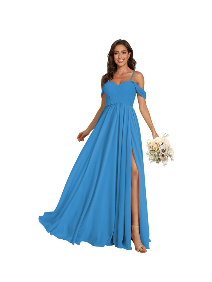 Ligne A /Princesse Off Shoulder Chérie Sans Manches Floor Length Robes de Demoiselle d'Honneur Mousseline avec Poches Slit