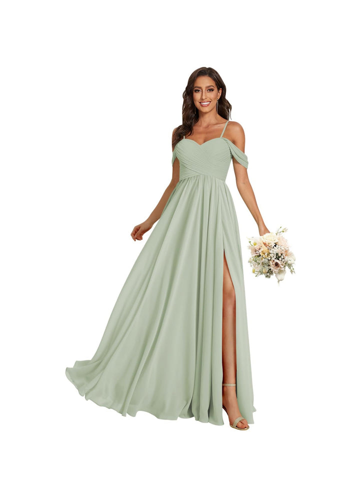 Ligne A /Princesse Off Shoulder Chérie Sans Manches Floor Length Robes de Demoiselle d'Honneur Mousseline avec Poches Slit