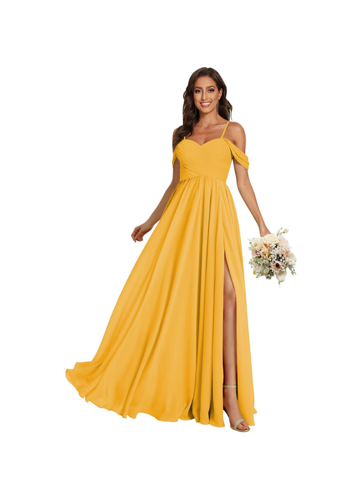 Ligne A /Princesse Off Shoulder Chérie Sans Manches Floor Length Robes de Demoiselle d'Honneur Mousseline avec Poches Slit