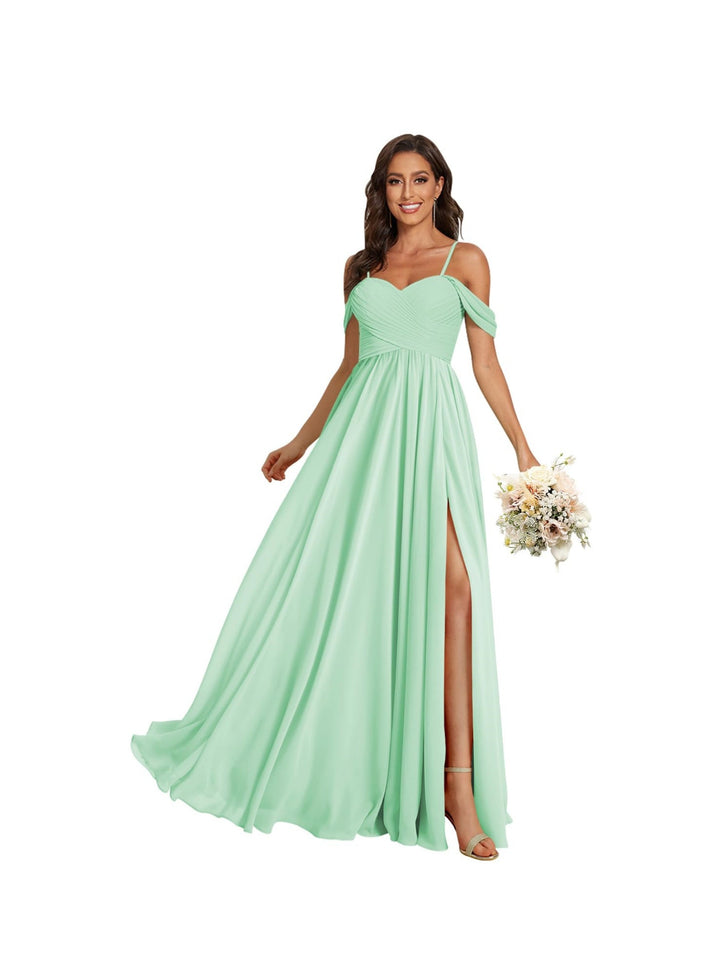 Ligne A /Princesse Off Shoulder Chérie Sans Manches Floor Length Robes de Demoiselle d'Honneur Mousseline avec Poches Slit