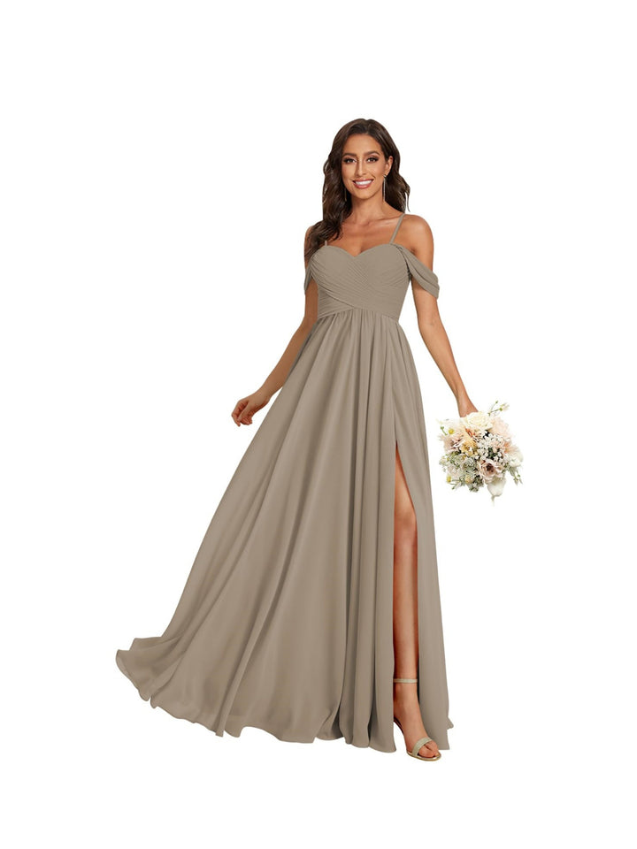 Ligne A /Princesse Off Shoulder Chérie Sans Manches Floor Length Robes de Demoiselle d'Honneur Mousseline avec Poches Slit