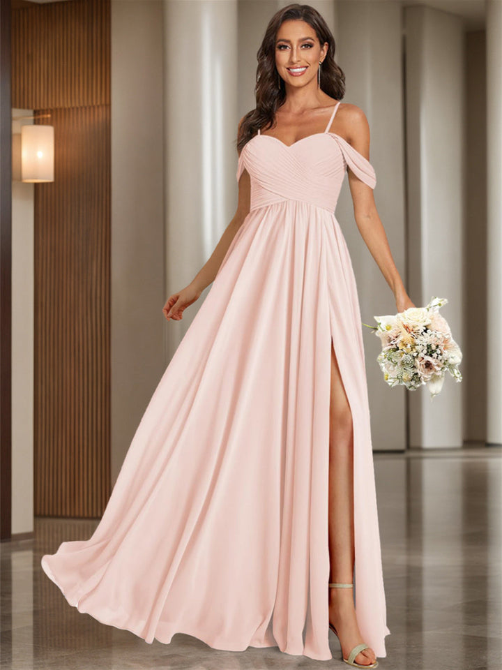 Ligne A /Princesse Off Shoulder Chérie Sans Manches Floor Length Robes de Demoiselle d'Honneur Mousseline avec Poches Slit