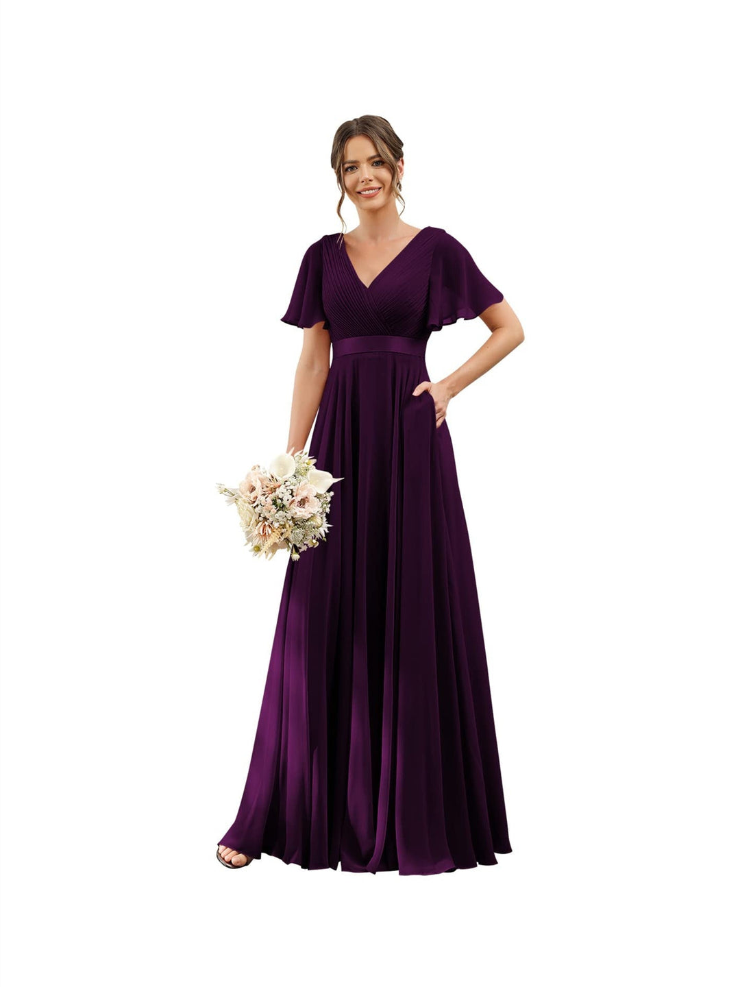 Ligne A  Col en V Flutter Sleeves Floor Length Robes de Demoiselle d'Honneur Mousseline avec Poches Ruché
