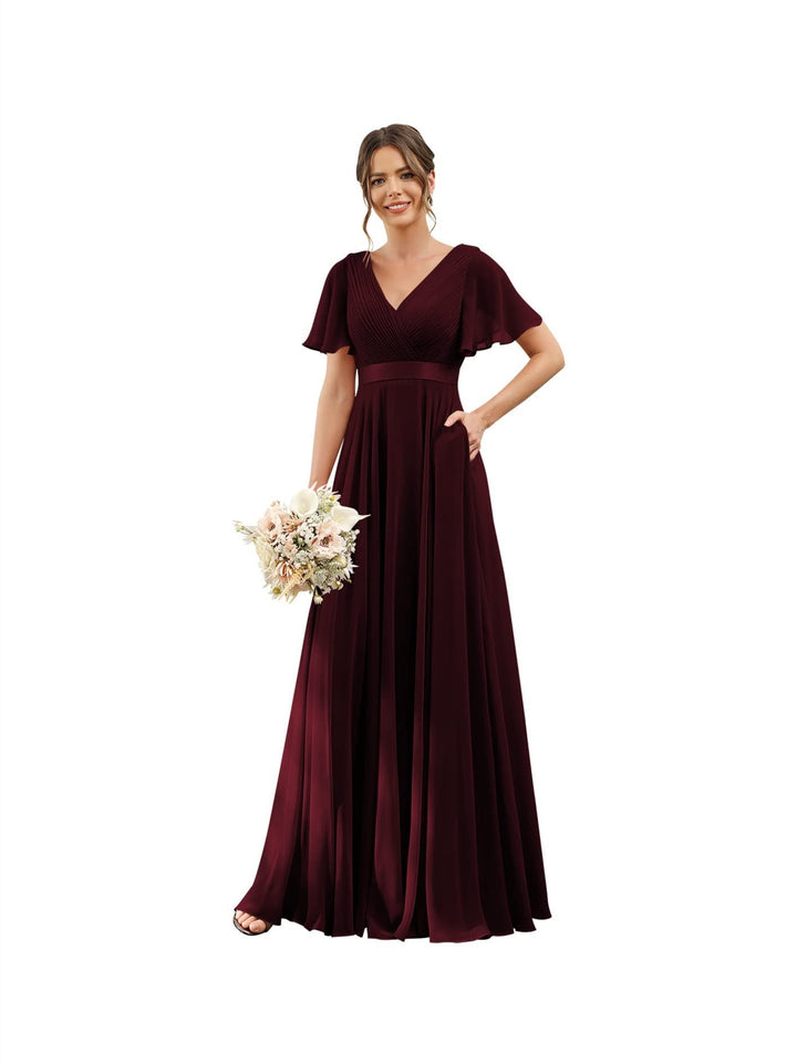 Ligne A  Col en V Flutter Sleeves Floor Length Robes de Demoiselle d'Honneur Mousseline avec Poches Ruché