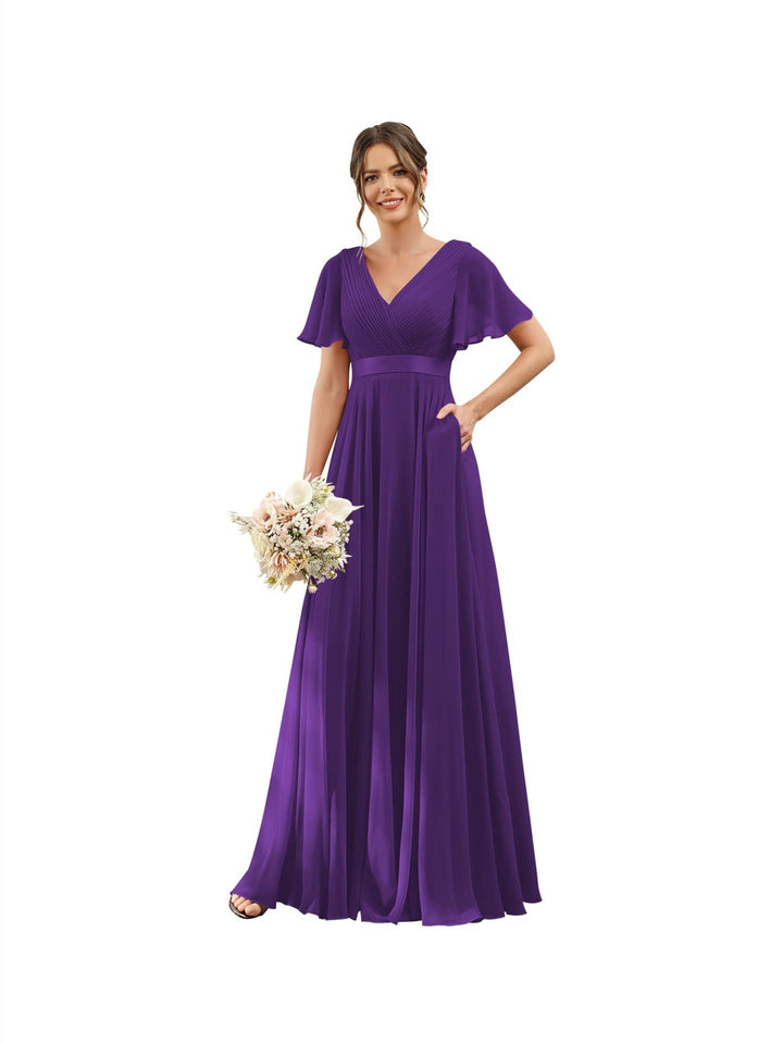 Ligne A  Col en V Flutter Sleeves Floor Length Robes de Demoiselle d'Honneur Mousseline avec Poches Ruché