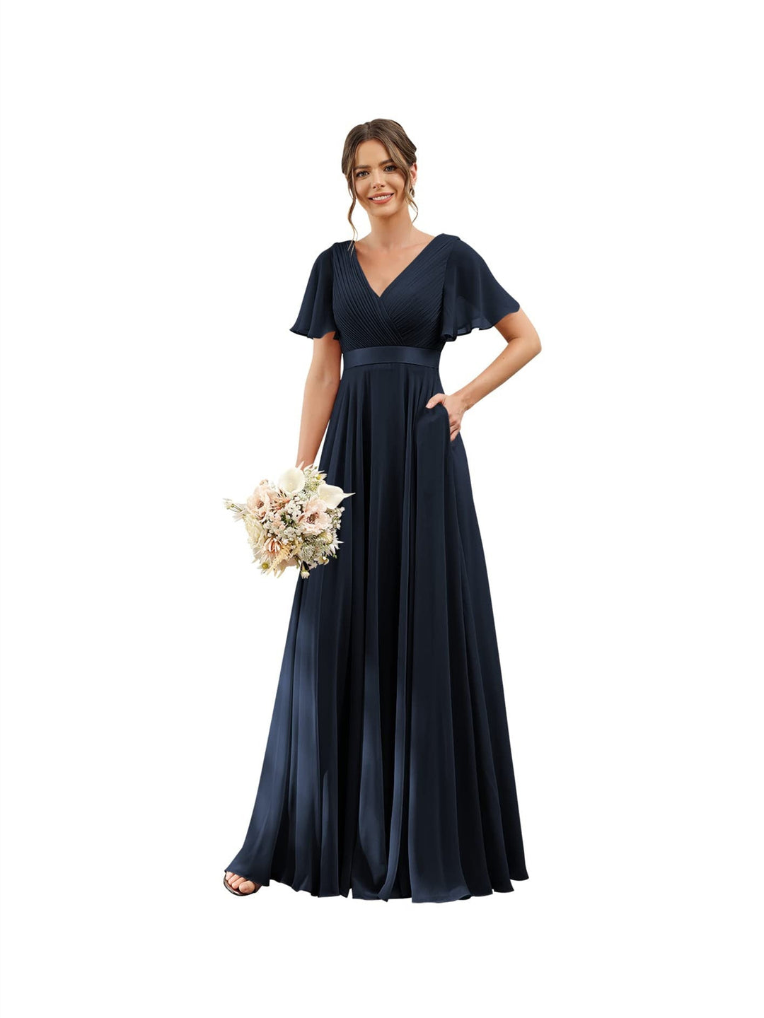 Ligne A  Col en V Flutter Sleeves Floor Length Robes de Demoiselle d'Honneur Mousseline avec Poches Ruché