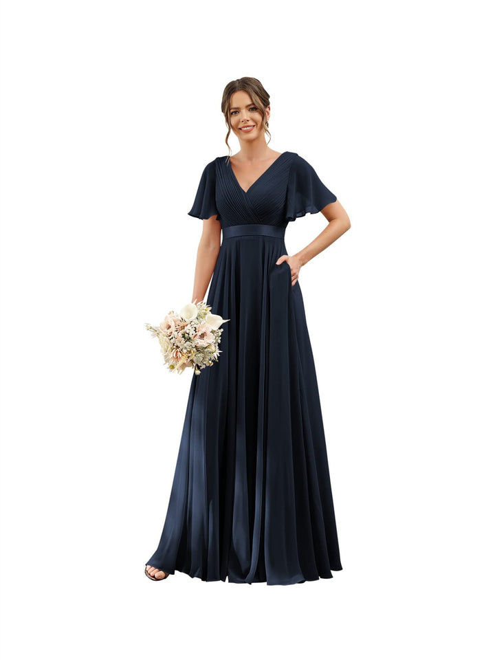 Ligne A  Col en V Flutter Sleeves Floor Length Robes de Demoiselle d'Honneur Mousseline avec Poches Ruché