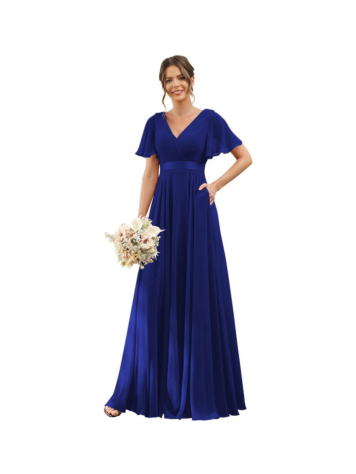 Ligne A  Col en V Flutter Sleeves Floor Length Robes de Demoiselle d'Honneur Mousseline avec Poches Ruché