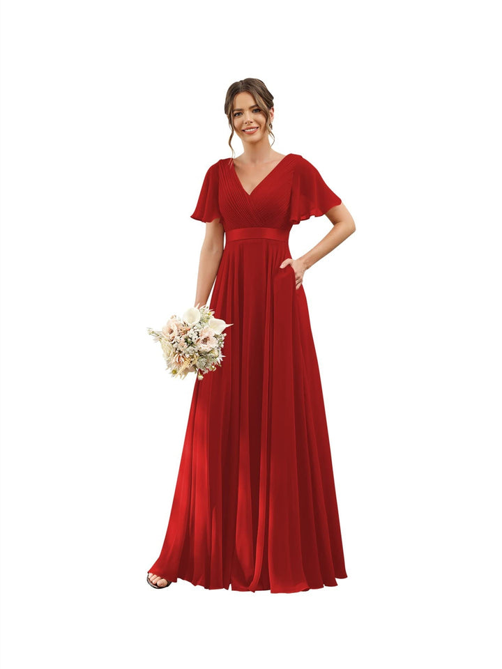 Ligne A  Col en V Flutter Sleeves Floor Length Robes de Demoiselle d'Honneur Mousseline avec Poches Ruché