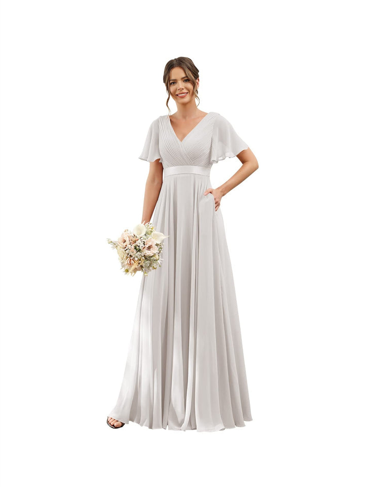 Ligne A  Col en V Flutter Sleeves Floor Length Robes de Demoiselle d'Honneur Mousseline avec Poches Ruché
