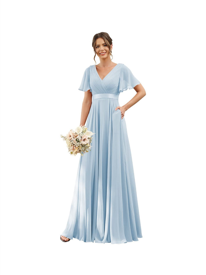 Ligne A  Col en V Flutter Sleeves Floor Length Robes de Demoiselle d'Honneur Mousseline avec Poches Ruché