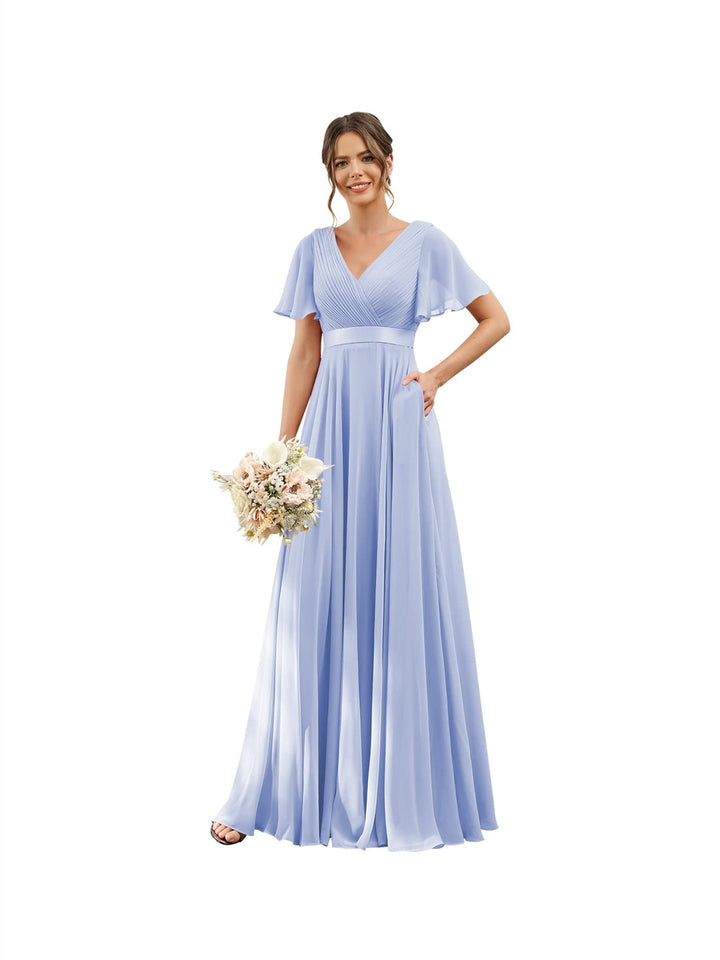 Ligne A  Col en V Flutter Sleeves Floor Length Robes de Demoiselle d'Honneur Mousseline avec Poches Ruché