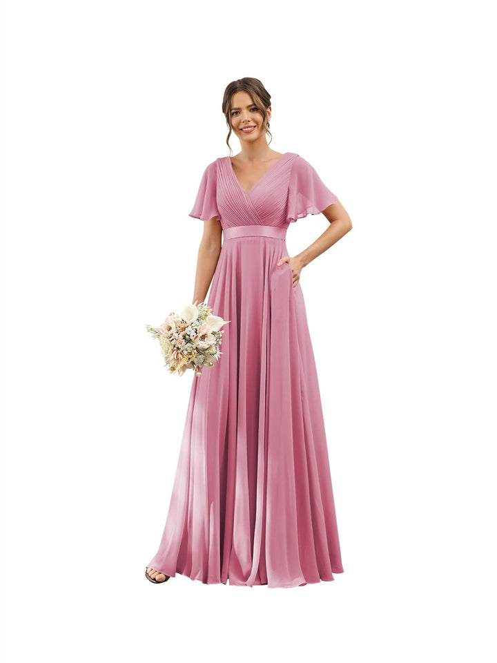 Ligne A  Col en V Flutter Sleeves Floor Length Robes de Demoiselle d'Honneur Mousseline avec Poches Ruché