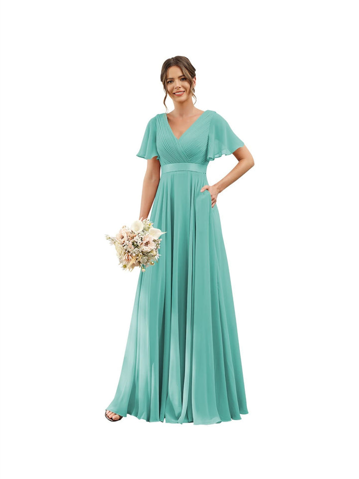 Ligne A  Col en V Flutter Sleeves Floor Length Robes de Demoiselle d'Honneur Mousseline avec Poches Ruché