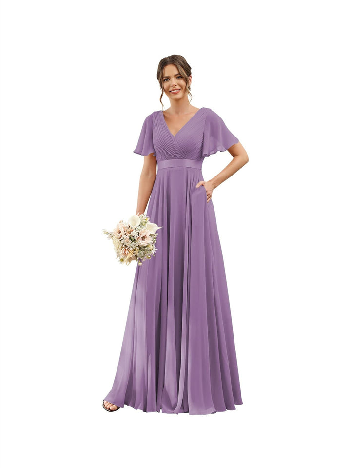 Ligne A  Col en V Flutter Sleeves Floor Length Robes de Demoiselle d'Honneur Mousseline avec Poches Ruché
