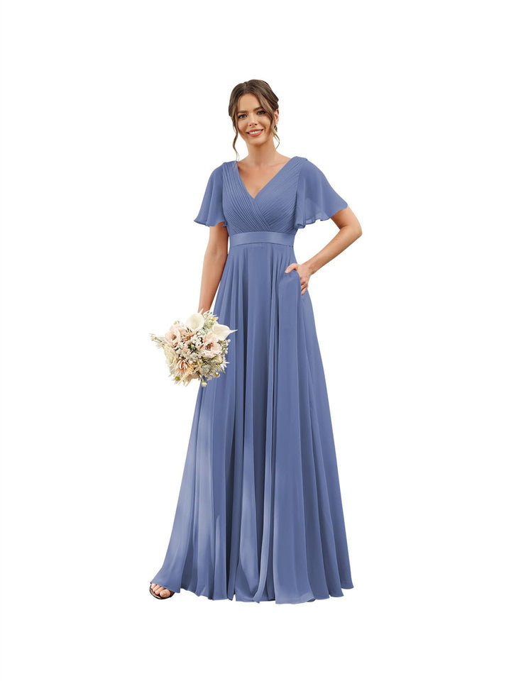 Ligne A  Col en V Flutter Sleeves Floor Length Robes de Demoiselle d'Honneur Mousseline avec Poches Ruché