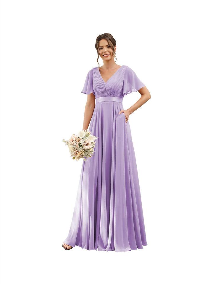 Ligne A  Col en V Flutter Sleeves Floor Length Robes de Demoiselle d'Honneur Mousseline avec Poches Ruché