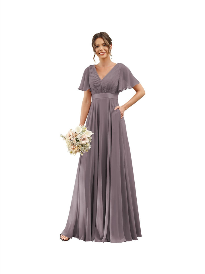 Ligne A  Col en V Flutter Sleeves Floor Length Robes de Demoiselle d'Honneur Mousseline avec Poches Ruché