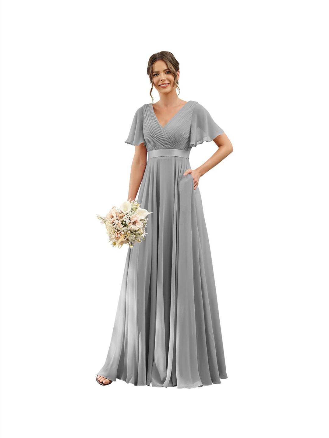 Ligne A  Col en V Flutter Sleeves Floor Length Robes de Demoiselle d'Honneur Mousseline avec Poches Ruché