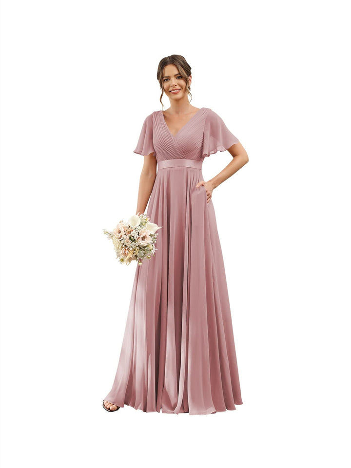 Ligne A  Col en V Flutter Sleeves Floor Length Robes de Demoiselle d'Honneur Mousseline avec Poches Ruché