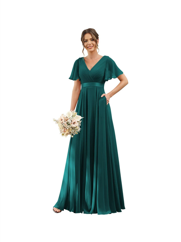 Ligne A  Col en V Flutter Sleeves Floor Length Robes de Demoiselle d'Honneur Mousseline avec Poches Ruché