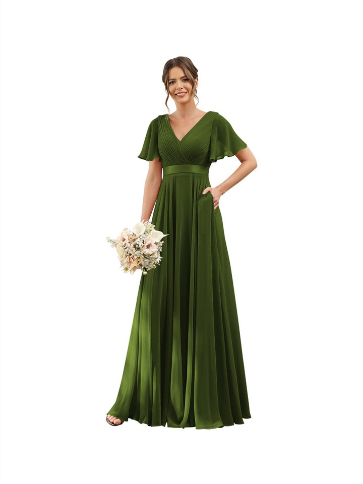 Ligne A  Col en V Flutter Sleeves Floor Length Robes de Demoiselle d'Honneur Mousseline avec Poches Ruché