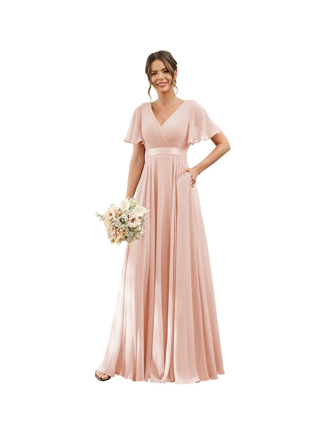 Ligne A  Col en V Flutter Sleeves Floor Length Robes de Demoiselle d'Honneur Mousseline avec Poches Ruché