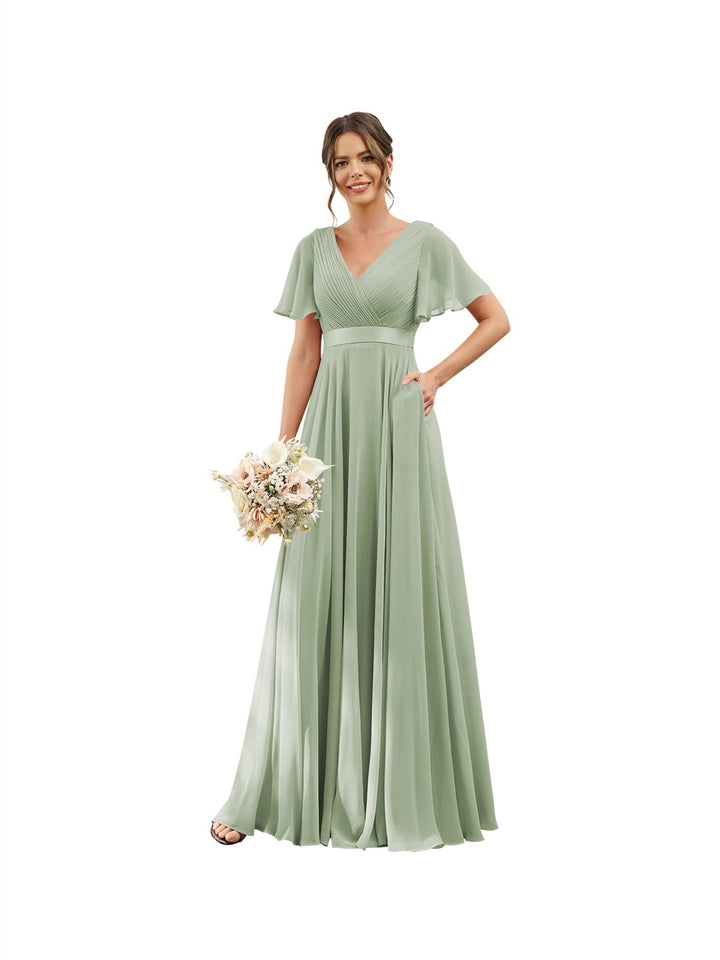 Ligne A  Col en V Flutter Sleeves Floor Length Robes de Demoiselle d'Honneur Mousseline avec Poches Ruché