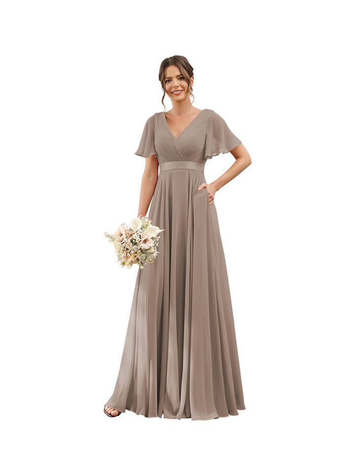 Ligne A  Col en V Flutter Sleeves Floor Length Robes de Demoiselle d'Honneur Mousseline avec Poches Ruché