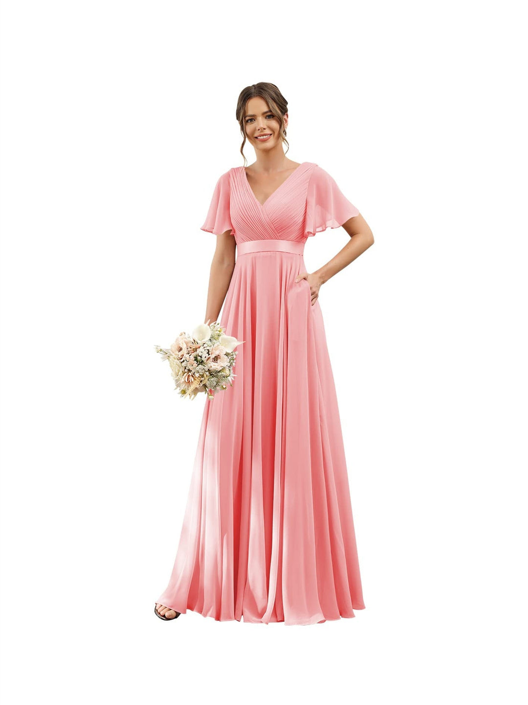 Ligne A  Col en V Flutter Sleeves Floor Length Robes de Demoiselle d'Honneur Mousseline avec Poches Ruché