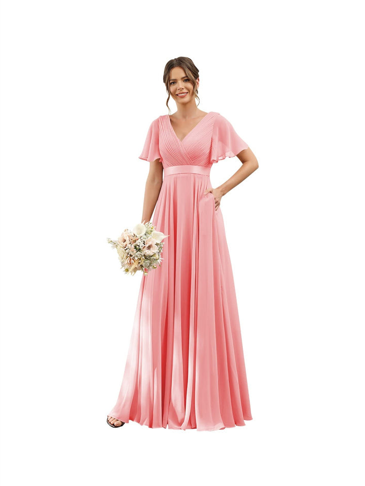 Ligne A  Col en V Flutter Sleeves Floor Length Robes de Demoiselle d'Honneur Mousseline avec Poches Ruché