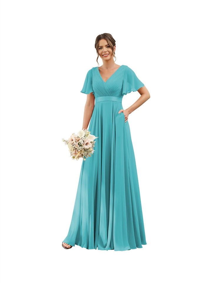 Ligne A  Col en V Flutter Sleeves Floor Length Robes de Demoiselle d'Honneur Mousseline avec Poches Ruché