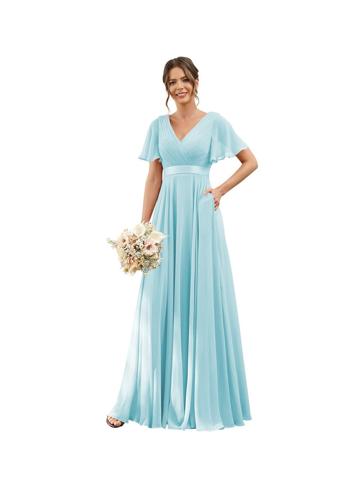 Ligne A  Col en V Flutter Sleeves Floor Length Robes de Demoiselle d'Honneur Mousseline avec Poches Ruché