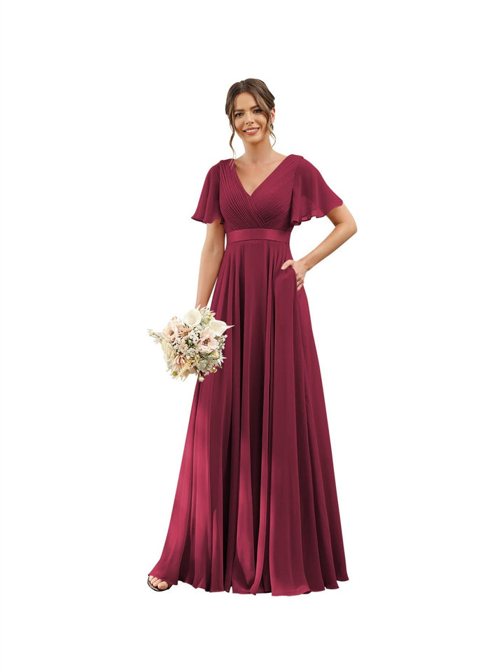 Ligne A  Col en V Flutter Sleeves Floor Length Robes de Demoiselle d'Honneur Mousseline avec Poches Ruché