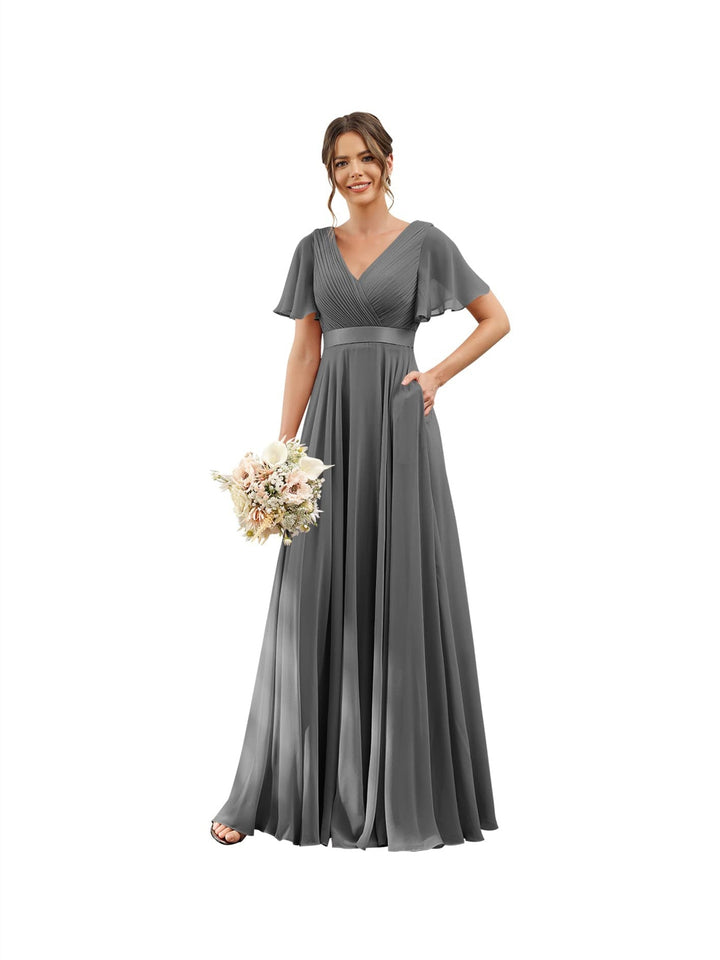 Ligne A  Col en V Flutter Sleeves Floor Length Robes de Demoiselle d'Honneur Mousseline avec Poches Ruché