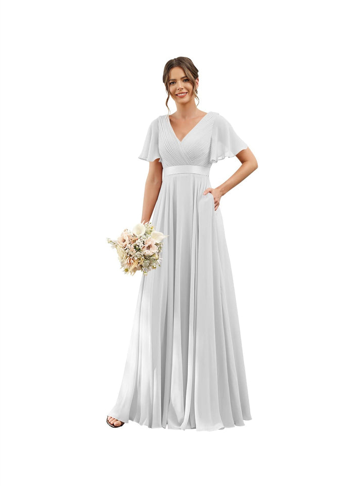 Ligne A  Col en V Flutter Sleeves Floor Length Robes de Demoiselle d'Honneur Mousseline avec Poches Ruché