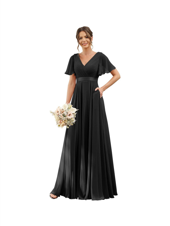Ligne A  Col en V Flutter Sleeves Floor Length Robes de Demoiselle d'Honneur Mousseline avec Poches Ruché