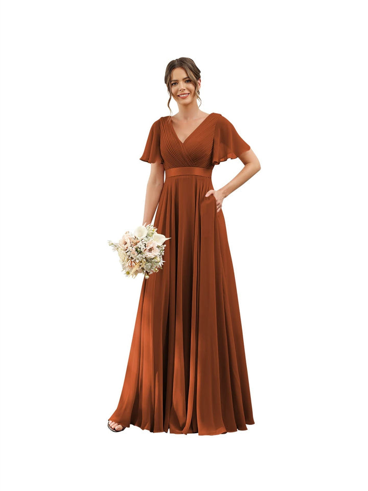 Ligne A  Col en V Flutter Sleeves Floor Length Robes de Demoiselle d'Honneur Mousseline avec Poches Ruché