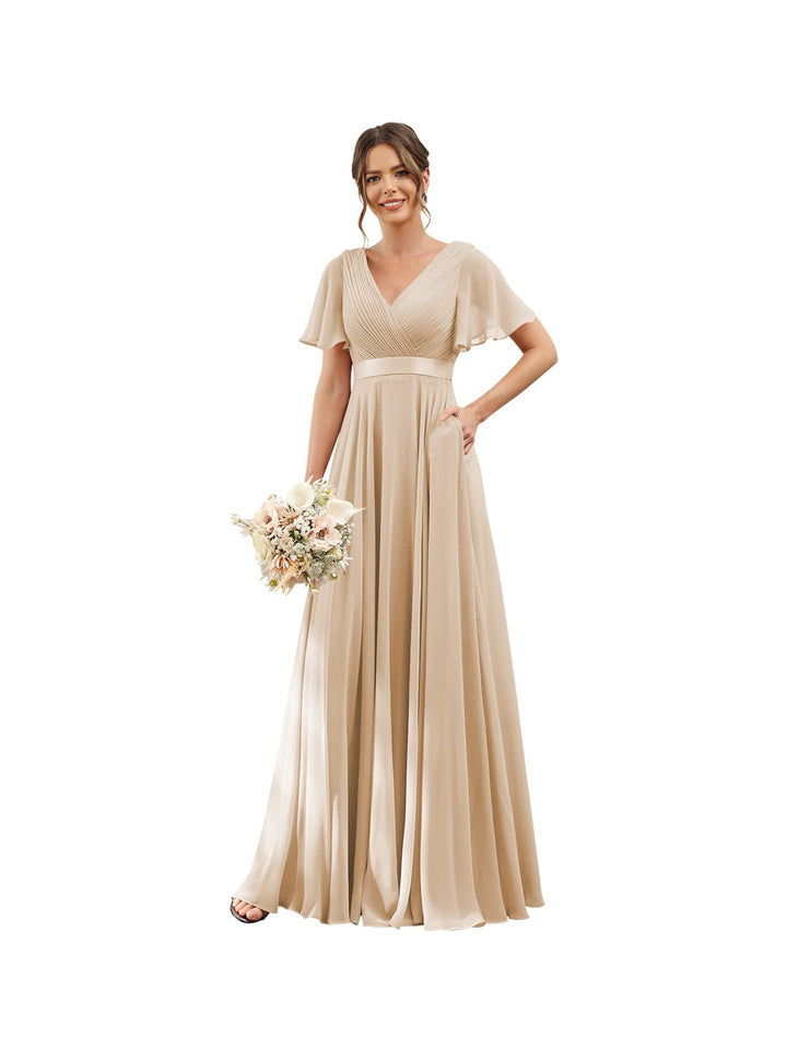 Ligne A  Col en V Flutter Sleeves Floor Length Robes de Demoiselle d'Honneur Mousseline avec Poches Ruché
