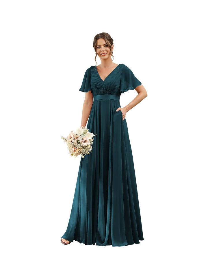 Ligne A  Col en V Flutter Sleeves Floor Length Robes de Demoiselle d'Honneur Mousseline avec Poches Ruché