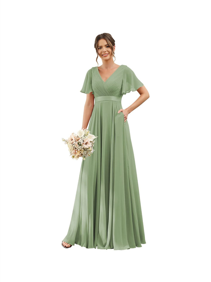 Ligne A  Col en V Flutter Sleeves Floor Length Robes de Demoiselle d'Honneur Mousseline avec Poches Ruché