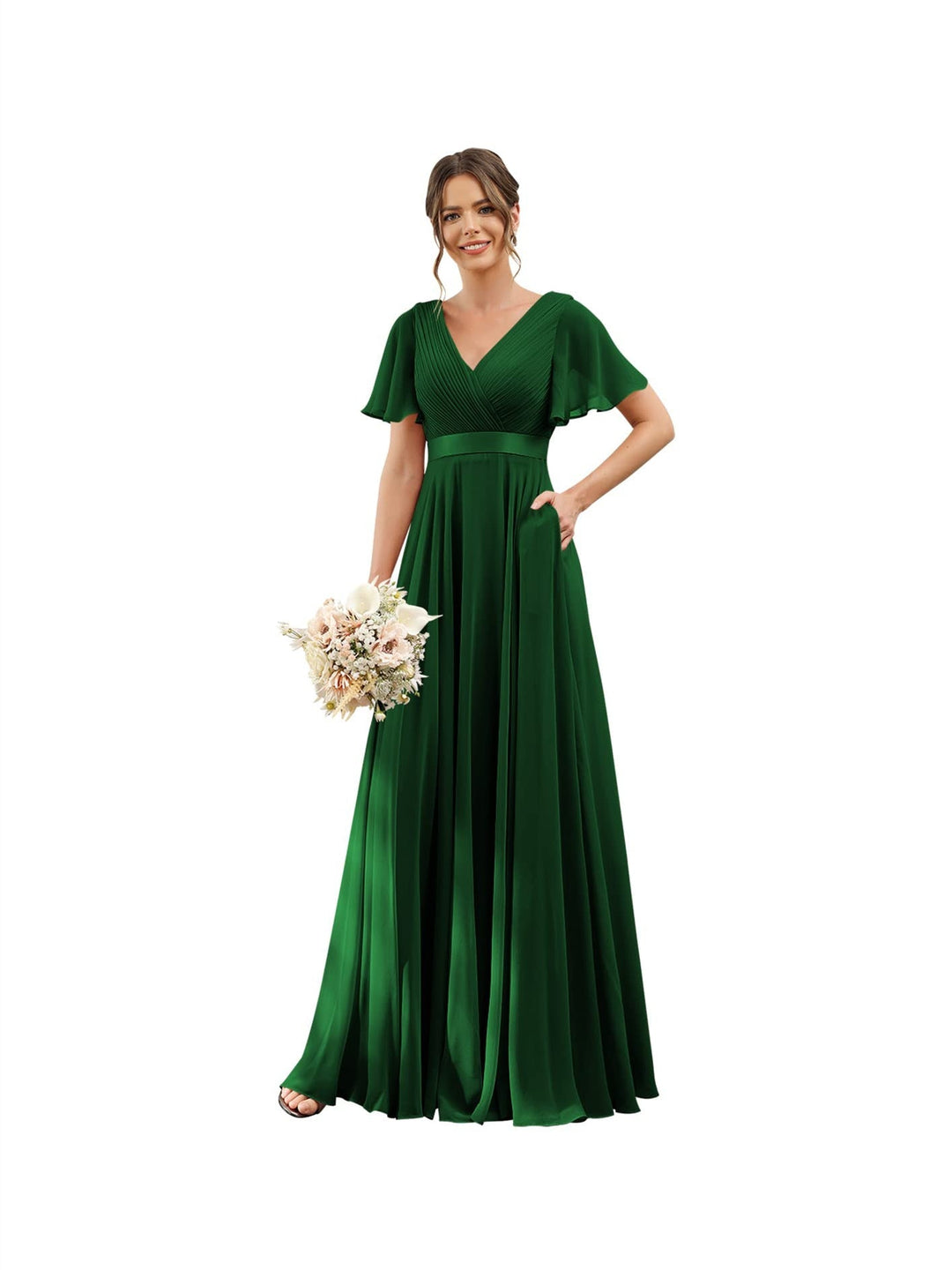 Ligne A  Col en V Flutter Sleeves Floor Length Robes de Demoiselle d'Honneur Mousseline avec Poches Ruché