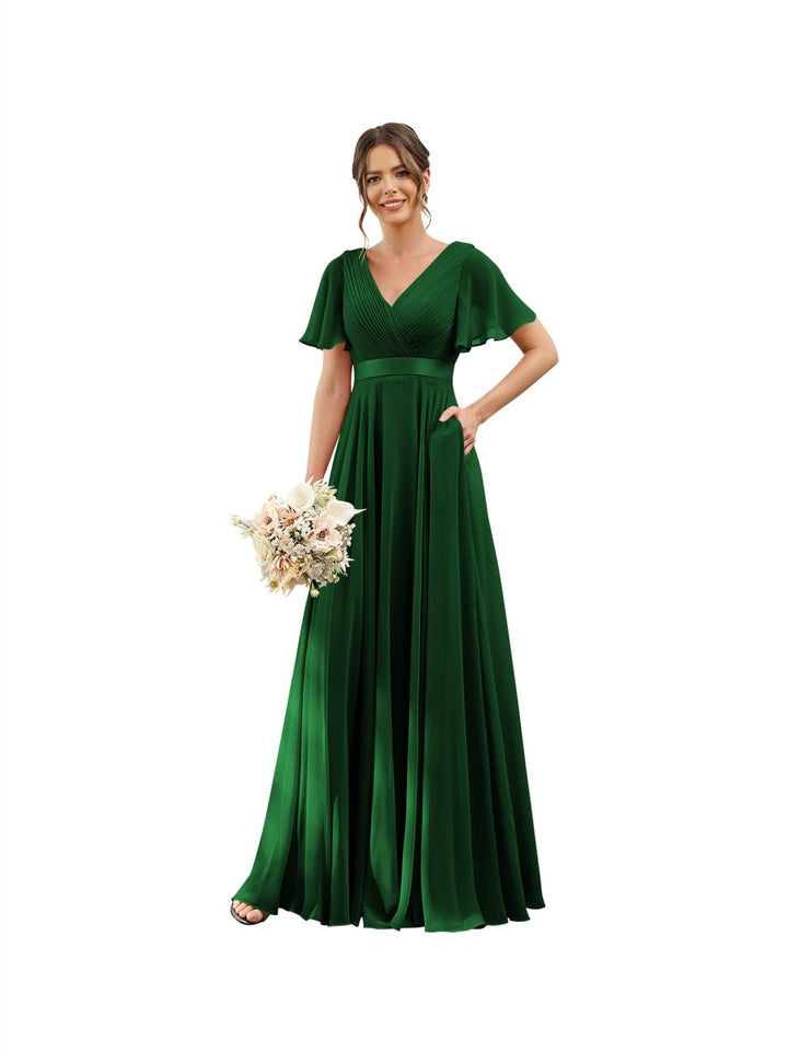 Ligne A  Col en V Flutter Sleeves Floor Length Robes de Demoiselle d'Honneur Mousseline avec Poches Ruché