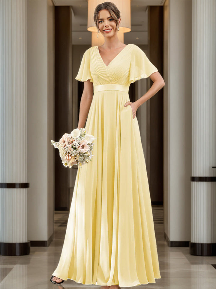 Ligne A  Col en V Flutter Sleeves Floor Length Robes de Demoiselle d'Honneur Mousseline avec Poches Ruché