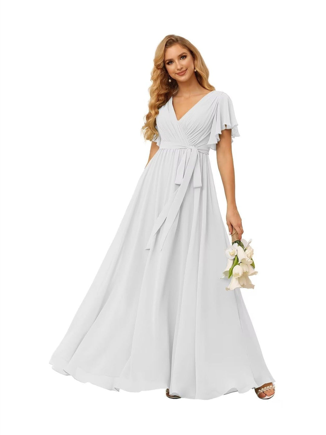 Ligne A  Col en V Court Manche   Floor Length Robes de Demoiselle d'Honneur  Mousseline  avec Froufrous Bow(s)