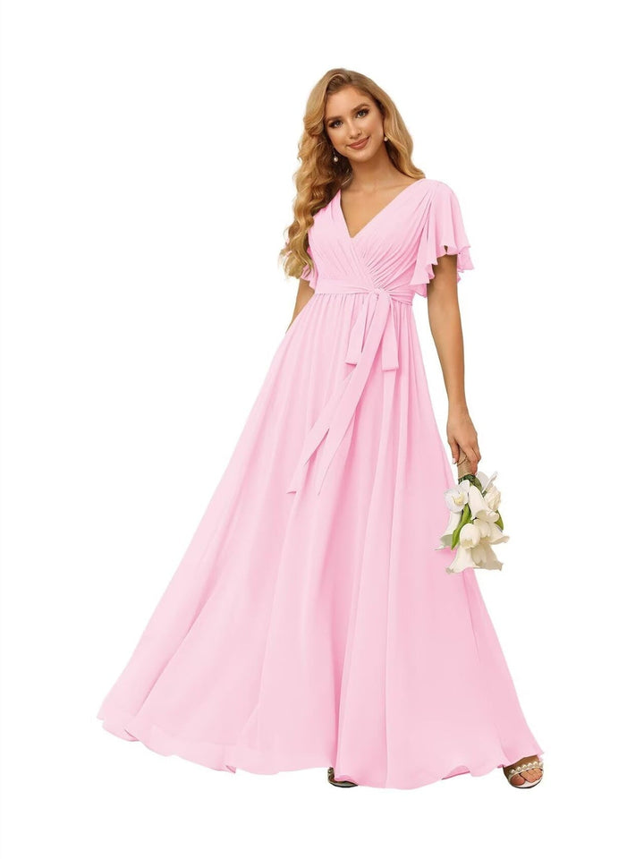 Ligne A  Col en V Court Manche   Floor Length Robes de Demoiselle d'Honneur  Mousseline  avec Froufrous Bow(s)