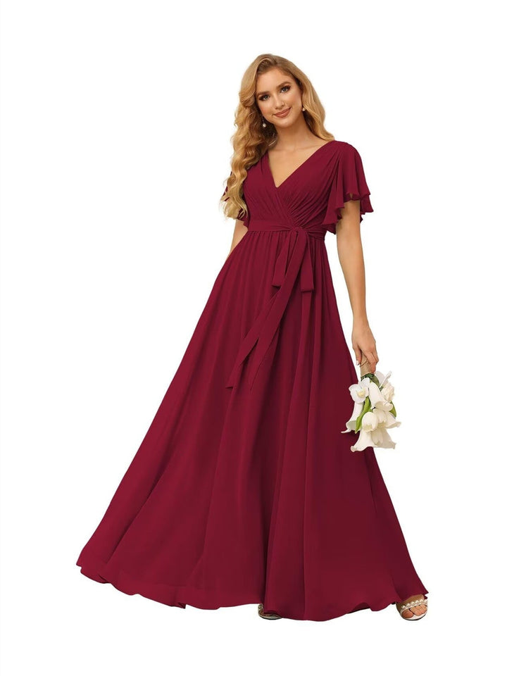 Ligne A  Col en V Court Manche   Floor Length Robes de Demoiselle d'Honneur  Mousseline  avec Froufrous Bow(s)